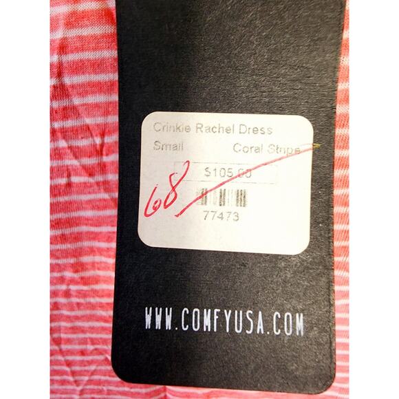 NEW Comfy USA Crinkle Rachel dress Small sleeveless Coral Striped Midi Lounge - Picture 10 of 12